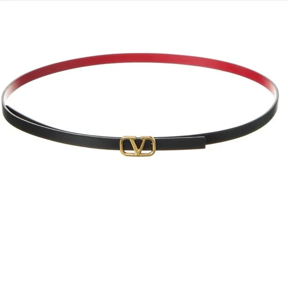 V Black Leather Belt with Red Interior and Gold V Buckle Gold V Buckle Black Belt - VADALINE main image 3